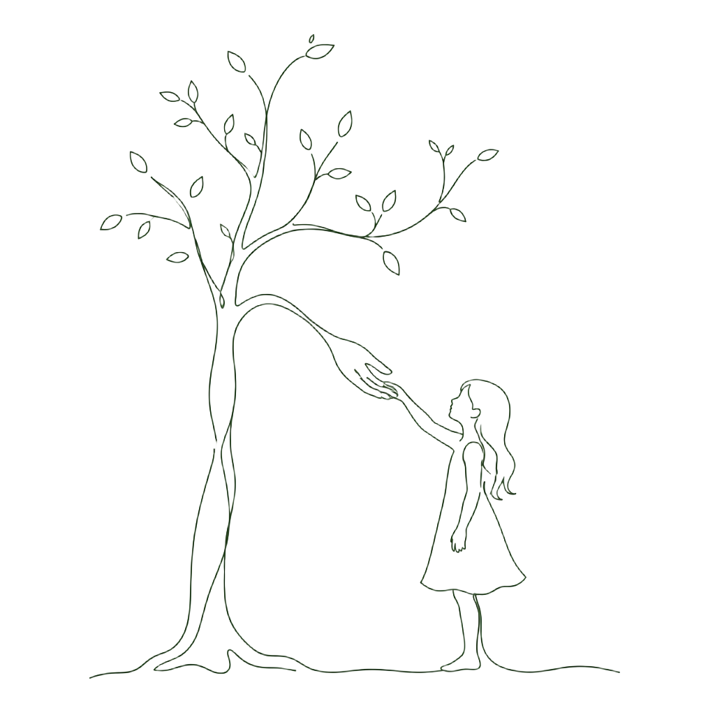 Ilustração de uma árvore segurando a mão de uma menina, simbolizando cura pela natureza